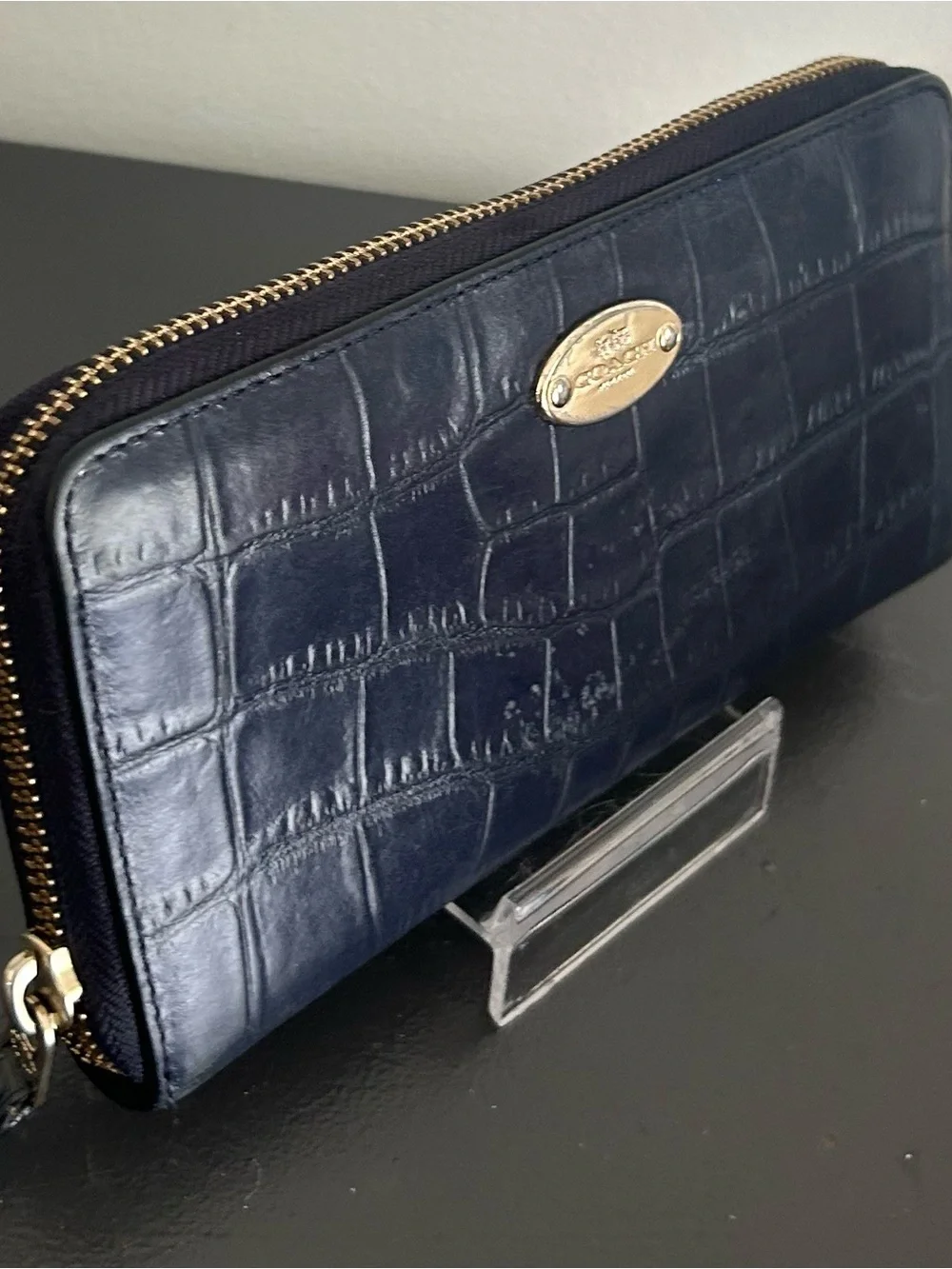 Coach Navy Croc Embossed Leather Zip Around Continental Wallet